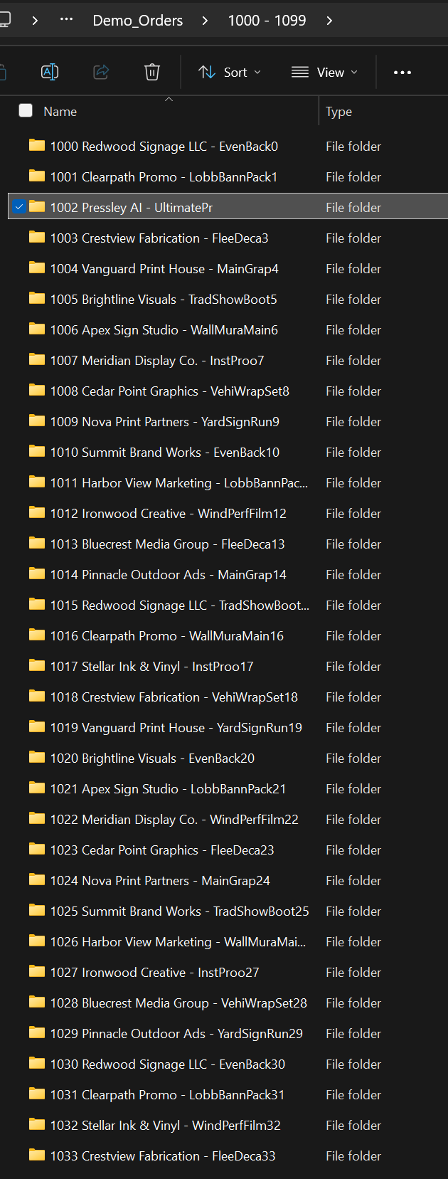 Inside a job folder - Working, Submit, Print, Proof, Support